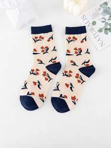 3 pary damskich skarpetek do połowy łydki w kwiaty w stylu retro, kontrastowe czerwone i niebieskie kwiaty, modne i wygodne, uniwersalne skarpetki, skarpetki jesienne