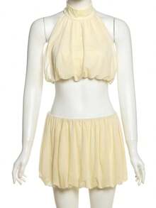 Rüschenset 2-teilig Damen Halter Rückenfrei Elegante Tanktops + Taillierte Röcke Einfarbig Sexy Sommer Strandparty Passende Anzüge - Gelb - Übersicht 7