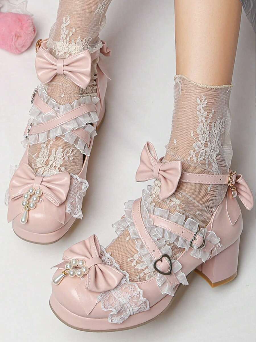 Women's Kawaii Shoes Cross Strap Pumps Cute Ankle Strap Mary Jane Shoes Wedding Lace Mid Chunky Heel Pumps - 粉色 - 查看 1