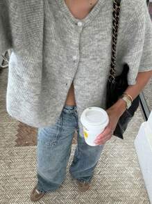 FOR BEAUTY Spring/Summer New Grey Round Neck Half Sleeve Button Knitted Cardigan Women's Top, Fashionable, Casual, Simple Daily Street, Suitable For Commuting Coat