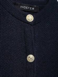 女士休闲纯色针织开衫，金色纽扣装饰，春秋 - 藏蓝色 - 查看 8