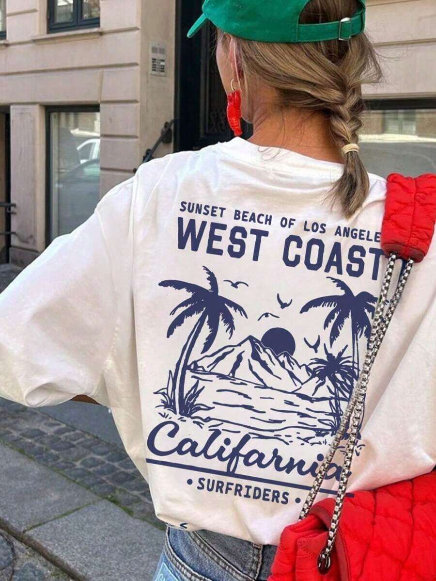 Camiseta de manga corta con cuello redondo para mujer, estilo casual de verano, con estampado de palmera y eslogan, sencilla y versátil, adecuada para uso diario. Camiseta con estampado, Top blanco, Vacaciones