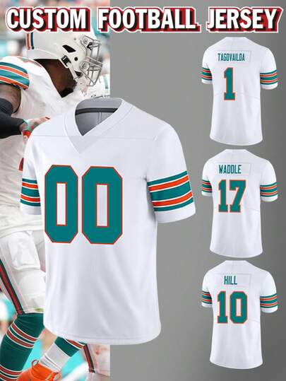 Áo thi đấu bóng bầu dục Mỹ nam thêu tên và số theo yêu cầu, màu trắng Miami, cổ chữ V, tay ngắn, thích hợp cho tiệc tùng, thi đấu, tập luyện, thể thao, tự làm, size S-XXL, mùa hè.