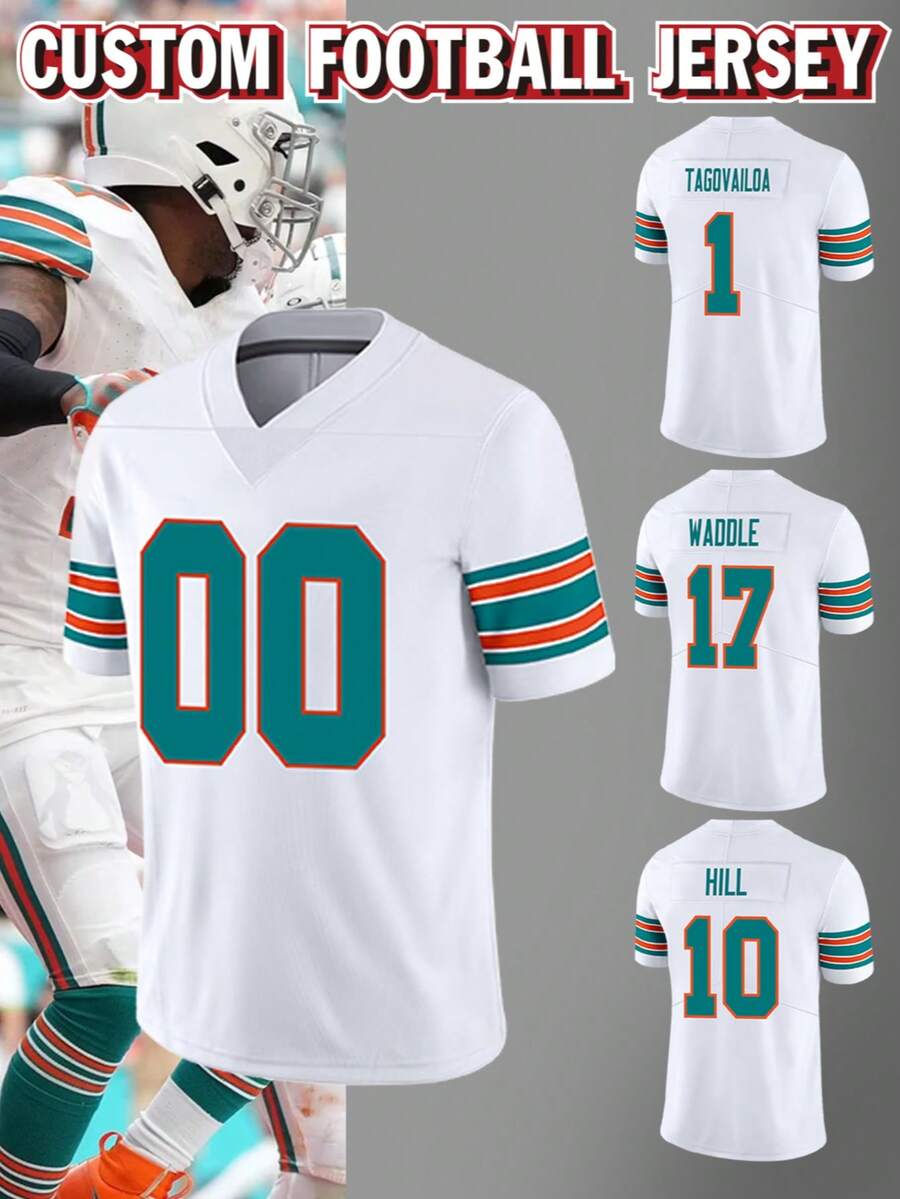 Customized Name & Number Men's Embroidered American Football Jersey, Miami White V-Neck Personalized Short Sleeve Shirt For Party, Match, Training, Sports, DIY, S-XXL Summer - White - View 1