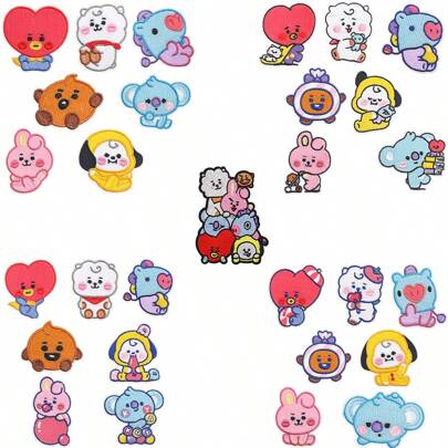 DELUSTA 1 Set de 7 Piezas Parches de decoración DIY BT21 lindos con bordado de dibujos animados para planchar en tela. También se puede coleccionar o regalar a buenos amigos.