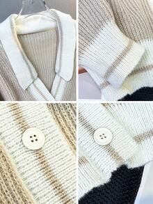 JIANHU Beige Striped V-Neck Cardigan - Autumn/Winter Knit Sweater, White Ribbed Trim And Buttons | Christmas Baking And Cozy Home - Khaki - View 8