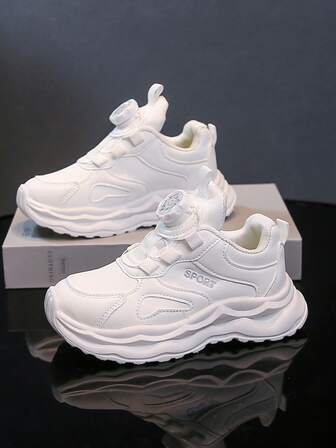 1 Paio di scarpe sportive in pelle per bambini, adatte per tutte le stagioni, scarpe da corsa per ragazze con design a fibbia rotante, sneaker con suola morbida e colore unito