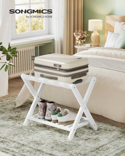 SONGMICS Solid Wood Luggage Racks, Set Of 2, No Assembly Required, Foldable Suitcase Stand, Luggage Holder, With Storage Shelf, For Guest Room, Hotel, Bedroom