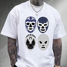 Men's Lucha Libre T-shirt|4-Color Mexican Wrestler Mask Print|Authentic Wrestling Fan Apparel|100% Cotton|Unisex Fit|Must-Have Gift for MMA And WWE Enthusiasts - Blanco - Ver 2