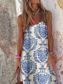 tooluck Women's All-Over Floral Print With Leaves, Bohemian Style, Elegant Ruffled Hem, Holiday Beach Suspender Maxi Dress - Màu xanh lam - Xem 3
