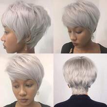 Chic Silver Grey Pixie Cut Brazilian Human Hair Wig 6" Short Straight Layered Hair Glueless Wig With Bangs 150% Density Daily Wear Wig For Women Holiday Wear Party Wear - 灰色 - 查看 5