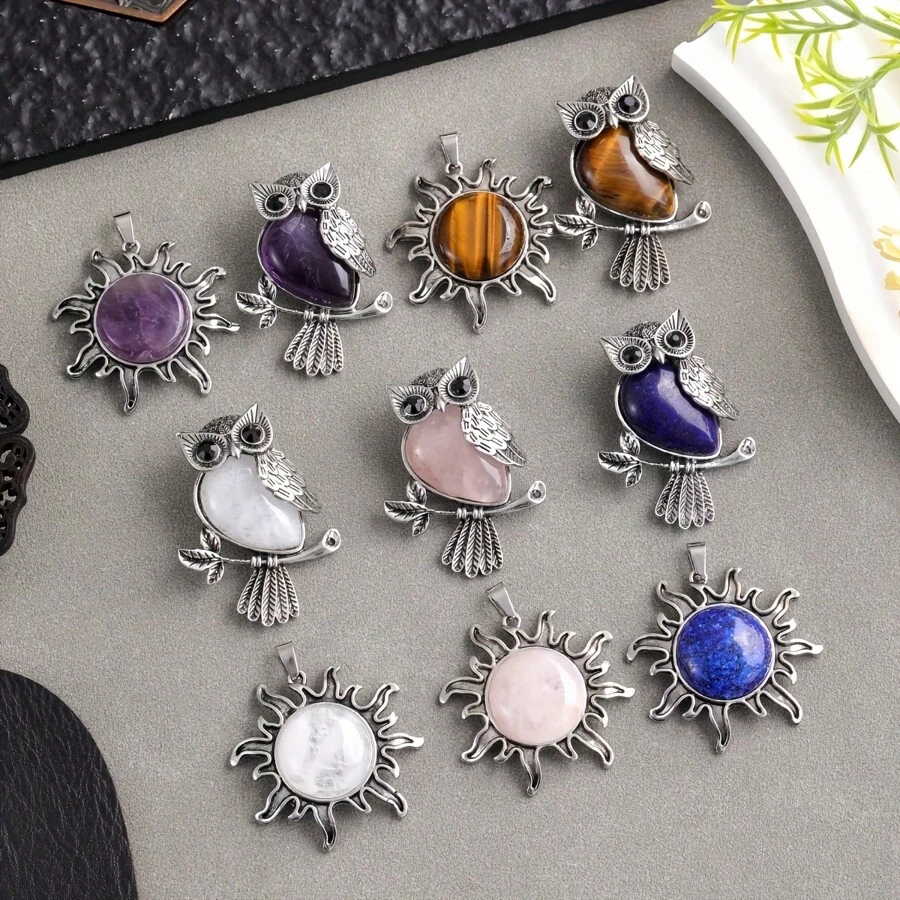 12 Stücke Boho-Stil Naturstein Eulen Anhänger mit Retro Sonnenblumen Akzenten, Symbol für Weisheit & Lernen, Unisex Schmuck für Business & Lässig Tragen, ideales Geschenk zum Valentinstag & Muttertag, Tiermotiv (zufällige Farbe)