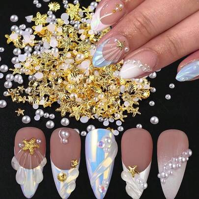 Phụ kiện trang trí móng tay mùa hè, họa tiết sao biển, vỏ sò, ngọc trai hình bán nguyệt, đá đính móng vàng, ngọc trai, phụ kiện tự làm móng chủ đề đại dương bằng kim loại, phụ kiện móng tay phong cách Y2K.