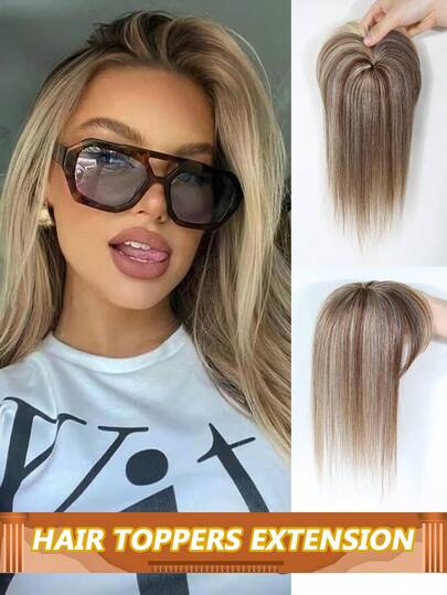 Real Human Hair Toppers With Bangs Silk Base 3Clip Pieces Brown Mixed Blonde Human Hair Toppers Middle Part Straight Lace Base Clip In Hairpieces For Women Loss Hair