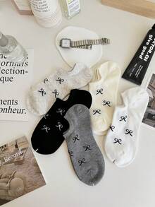 Bow Pattern No-Show Socks 5-Pack - Stretch Invisible Comfort Fit For Women, Multi-Season Wear (Black/Gray/Beige/White/Taupe) - 5pcs(mixed color) - 查看 5