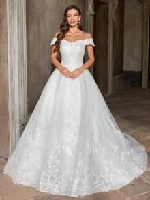 Women's Elegant White Lace Applique Off Shoulder Fashion Wedding Dress, Party Formal Cocktail Bridesmaid Gown, Valentine's Day - White - View 3