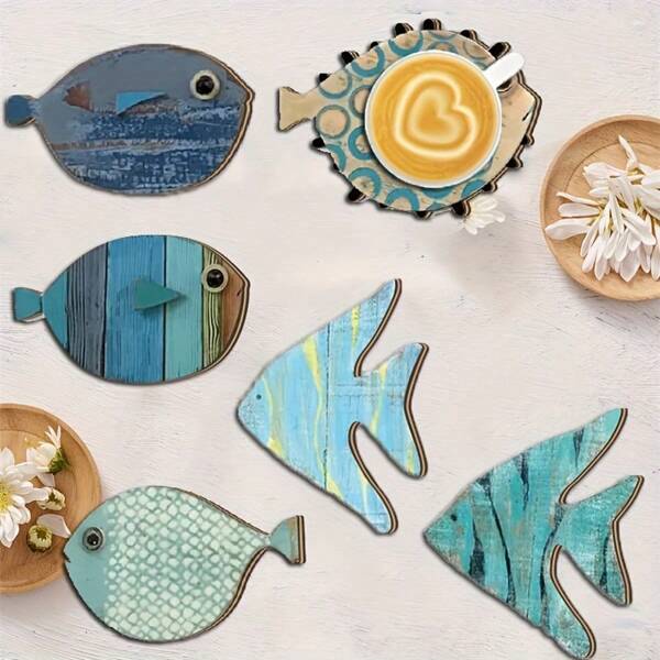 1 Set Of 6, Fish Shaped Wooden Coasters, Beach Theme Table Kitchen Decor, Ocean Style Home Decor, Decorative Coasters For Coffee, Drinks, Tea Sets, Home Decor, Kitchen Accessories, Coaster Set,Coasters Drink Coasters,Coaster For Cup At Home,Available In 1 Set Or 31 Sets