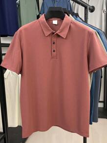 男士纯色宽襟华夫格菠萝印花短袖 Polo 衫，休闲轻便商务正装 - 粉色 - 查看 2