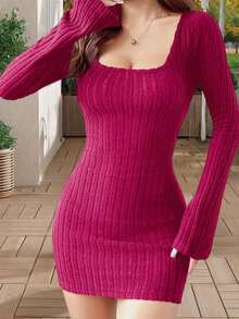 Women's Pullover Sweater Dress Casual Long Sleeve Cute Ribbed Knit Dress Square Neck Solid Color Bodycon Mini Sweaters Dresses Fall Winter Clothes - Màu Hồng Tươi - Xem 2