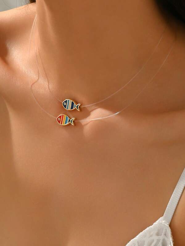1 pièce Collier minimaliste et décontracté en alliage de zinc avec goutte d'huile colorée en forme de petit poisson, invisible sur la ligne de pêche. Convient aux hommes et aux femmes, pour un usage quotidien, les vacances et les fêtes.