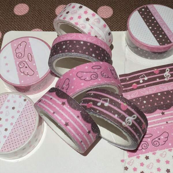 Pink Brown Strawberry Hot Cocoa Glitter And Paper Tape, Cute Accounting Material, Vintage Tape