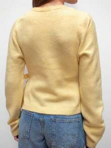 Women's Wrap Front Deep V Neck Sweater - Long Sleeve Side Tie Cropped Slim Fit Knit Top - 黃色 - 查看 4