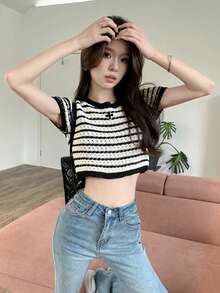 女式撞色条纹圆领插肩针织打底 T 恤，全新夏季百搭上衣 - 黑與白 - 查看 2