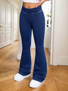 女童休闲蓝色喇叭裤，修身剪裁，非牛仔面料，轻盈透气，百搭日常穿着 - 藍色 - 查看 3