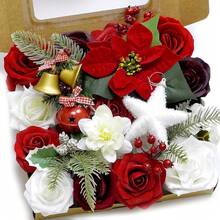 Caja combinada de flores artificiales rosas para decoración de bodas, flores falsas para decoración, flores de seda para decoración de interiores, flores para pastel, flores falsas para manualidades - Feliz Navidad Rojo - Ver 13