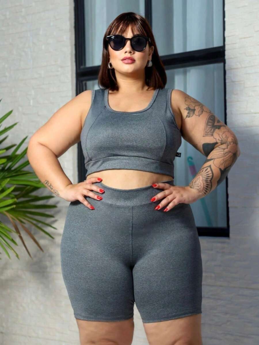 URBAN FITNESS Suplex Plus Size Solid High Support Sports Bra - 灰色 - 查看 1