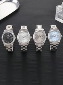 RICECGO 男士经典石英表，圆形表盘，双日期显示，不锈钢表带，适合日常佩戴，也是理想的生日礼物和商务着装之选。