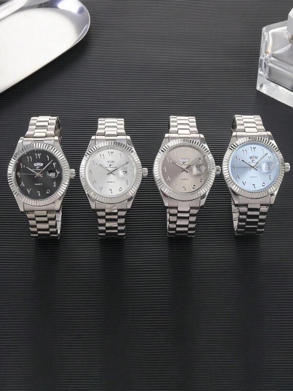  RICECGO Men's Classic Quartz Watch 1 Pc, Round Dial, Dual Date Display, Stainless Steel Strap, Ideal For Everyday Wear, Ideal For Birthday Gifts And Business People