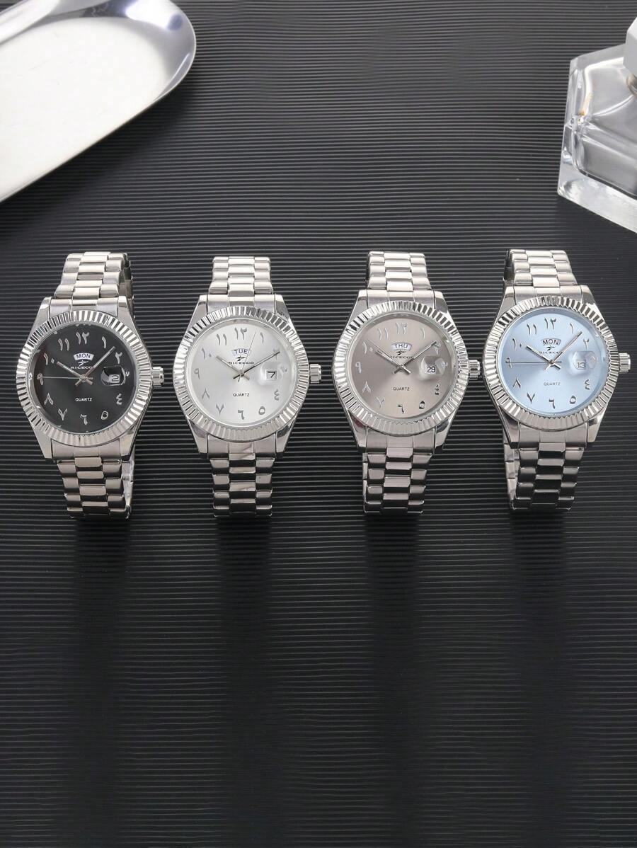 RICECGO 男士经典石英表，圆形表盘，双日期显示，不锈钢表带，适合日常佩戴，也是理想的生日礼物和商务着装之选。