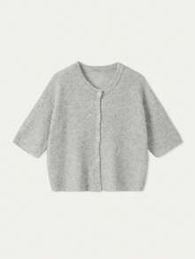 FOR BEAUTY Spring/Summer New Grey Round Neck Half Sleeve Button Knitted Cardigan Women's Top, Fashionable, Casual, Simple Daily Street, Suitable For Commuting Coat
