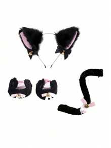 猫咪角色扮演服装 - 2/3/4 件猫耳和尾巴套装，带项圈爪子手套猫咪角色扮演服装配饰小猫耳朵项圈尾巴 R 爪子或女士女孩万圣节装扮