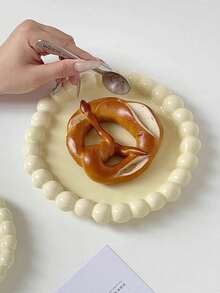 1pc Cream-Color Ceramic Plate With Pearl Edging, Dessert Or Breakfast Plate, High-Quality Tableware Suitable For Home & Restaurant Use - Multicolor - View 5
