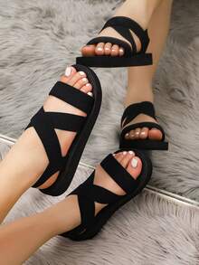 Mẫu mới năm 2024 dành cho nữ: Sandal hở mũi, quai thun, kiểu dáng thường ngày, thoải mái khi đi biển, nghỉ dưỡng, đế xuồng dày dặn, thiết kế cá tính, phù hợp cho ngày Quốc khánh/Ngày của Nhà vua, trang phục mùa xuân hè. - màu đen - Xem 2