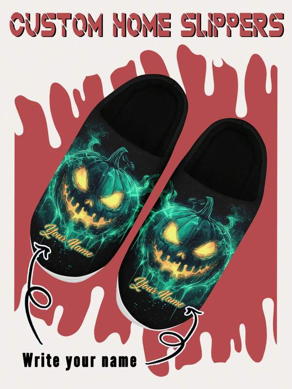 Halloween Men's Custom Name Slippers, Cozy Plush Indoor Shoes With Pumpkin Design, Ultra Soft, Warm & Cozy Home Slippers For Men And Women, Funny Halloween Gift For Mom/Dad/Her/Him/Girlfriend/Boyfriend/Wife/Husband/Friend
