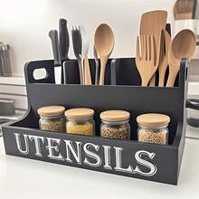 Wooden Kitchen Storage Box With 4 Compartments, Spice Jars And Kitchen Utensil Organizer, Suitable For Home Use - Black - View 1