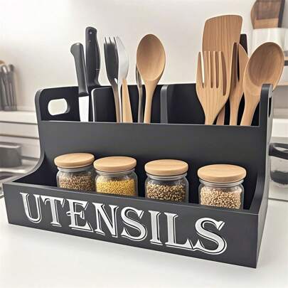 Wooden Kitchen Storage Box With 4 Compartments, Spice Jars And Kitchen Utensil Organizer, Suitable For Home Use