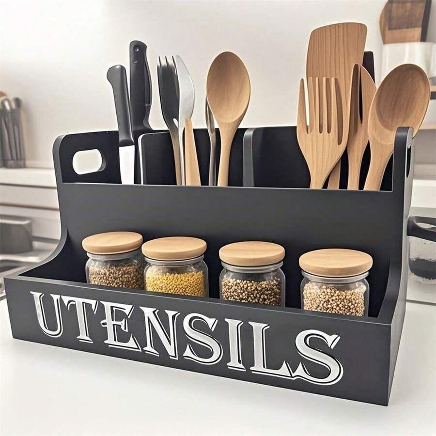 Wooden Kitchen Storage Box With 4 Compartments, Spice Jars And Kitchen Utensil Organizer, Suitable For Home Use - Black - View 1