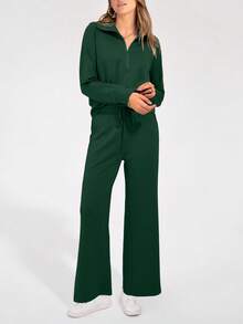 Women's 2 Piece Outfits Casual Lapel Half Zip Sweatshirts And Wide Leg Pants Tracksuit Sets - Dark Green - View 3
