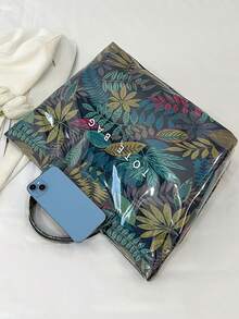 Women's Fashion Handbag, PVC Transparent Tote Bag With Camouflage Pattern, Waterproof Outdoor Casual Bag, Large Capacity Beach Bag, Casual Style, Large Capacity, Fixed Shoulder Strap, Hook & Loop Closure, Polyester Lining, Random Print Design, Suitable For Work And Commuting
