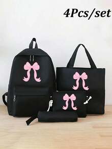 4pcs/Set Y2K Bow Print Functional Simple Backpack Set School Bag Set, Fashion Backpack, Large Capacity Shoulder Bag, Portable Pencil Bag, Coin Purse, College Style Cartoon Casual Style, Suitable For Teenage Girls,Junior High School And High School Student, College And High School, Perfect For Outdoor, Travel And Back To School,Back To School Supplies,School Bag For Girls