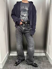 男士复古水洗雪花宽松版型复古街头风美式休闲低腰喇叭牛仔裤，弹力修身喇叭裤，2025春季新款，适合送给丈夫或男友 - 深灰色 - 查看 3