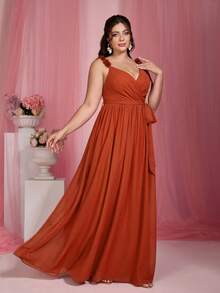 魔法花卉印花交叉裹身无袖优雅伴娘礼服 春季婚礼 - 亮橙色 - 查看 4