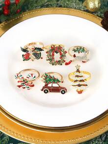 Juego de 2-6 anillos para servilletas navideñas, con diseños de renos, árboles de Navidad, coronas doradas vintage, bastones de caramelo, para decoración de mesa navideña, anillos para servilletas de fiesta de Navidad - Multicolor - Ver 3