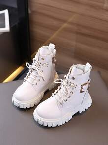 1 双儿童中帮软底防滑复古靴，骑士军靴，女童街头时尚皮革拉链短靴， - 米色 - 查看 1