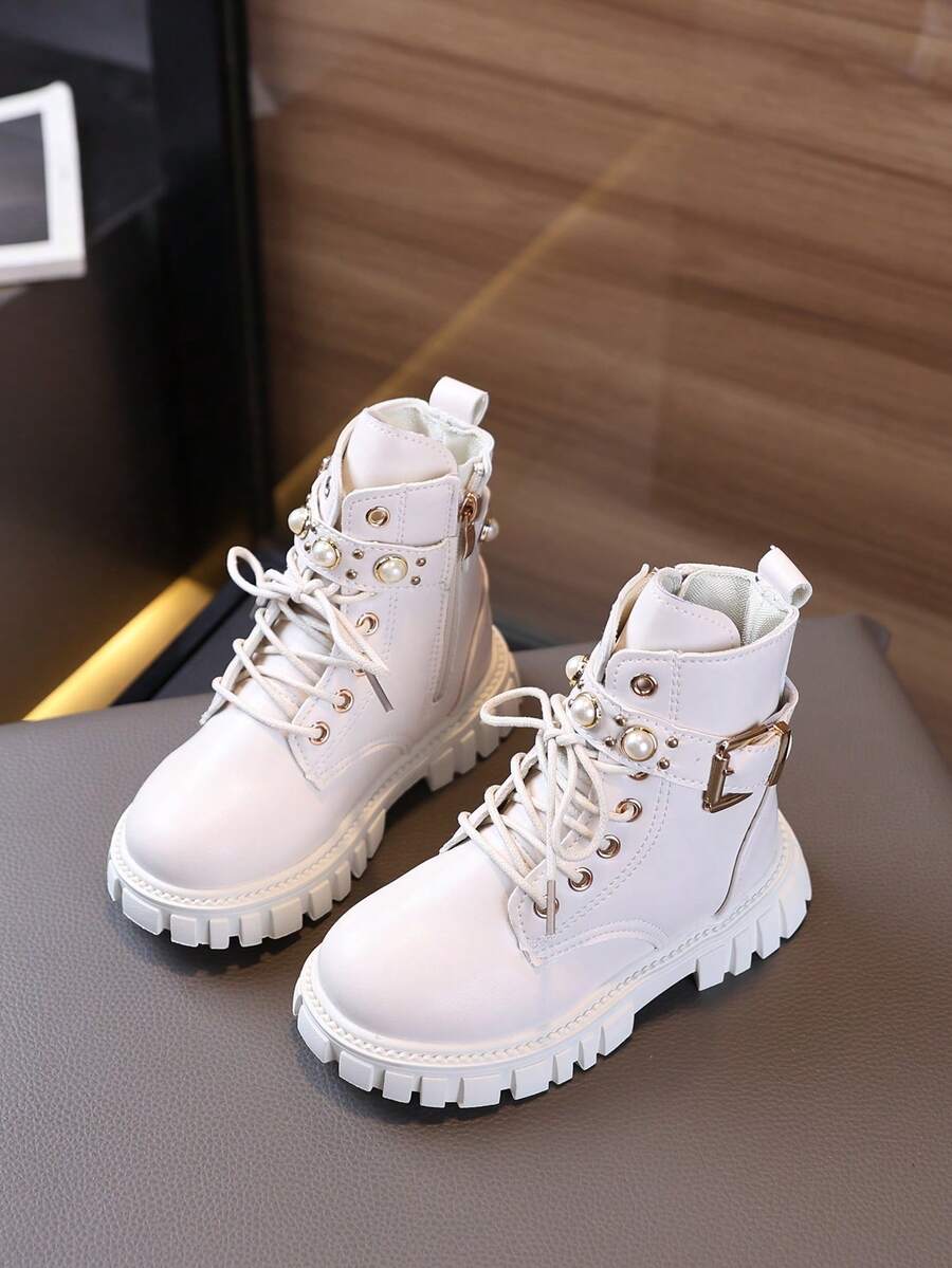 1 双儿童中帮软底防滑复古靴，骑士军靴，女童街头时尚皮革拉链短靴， - 米色 - 查看 1