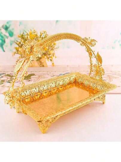 Elegant Metal Fruit & Snack Basket Versatile Vintage Style Serving Tray With Handle Durable Rectangular Platter For Kitchen Living Room And Hotel Decor Coffee Serving Tray For Festival Party Entertaining Decorations